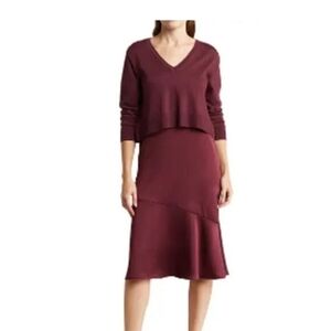 Sam Edelman Bordeaux Burgundy Lurex Slip Dress V-Neck Sweater 2 Piece Set 6 NWT